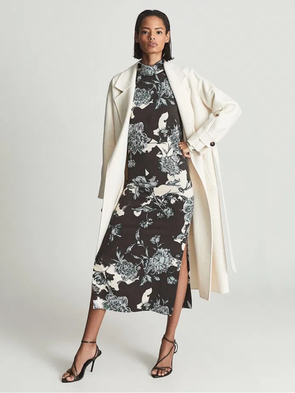 Reiss Black Floral High-Neck Midi Dress with Cream Accents - Picture 3 of 16